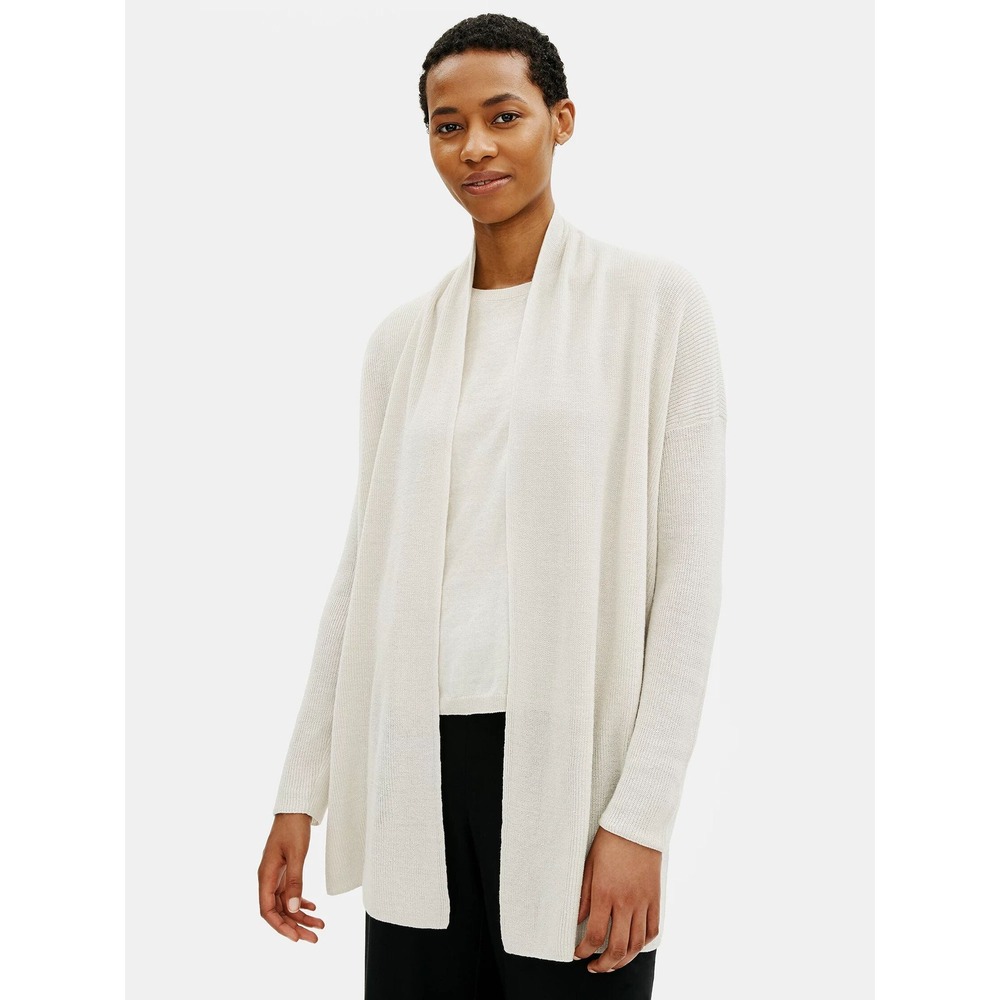 Eileen Fisher Organic Linen High Collar Cardigan Open Front Cream White Small